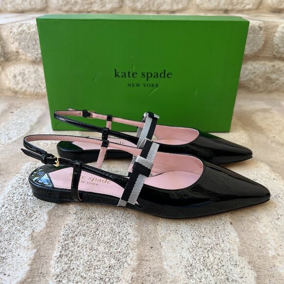 kate spade Maritza flats black patent leather bow slingback  7.5 B NEW NWT - Picture 1 of 11